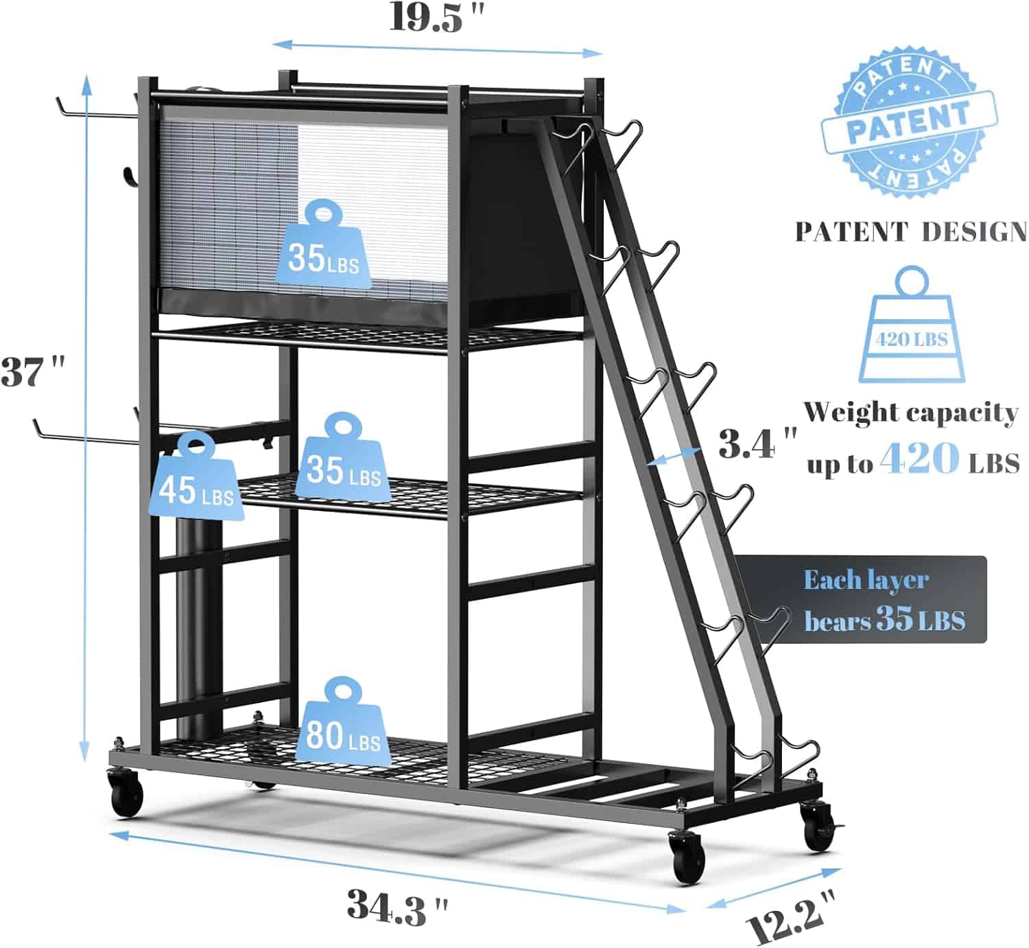 Multilevel metal cart with dimensions and weight capacity indicators on a white background