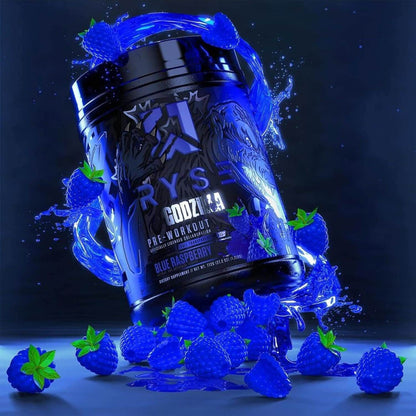 Pre-workout supplement container with blue raspberries on a dark background