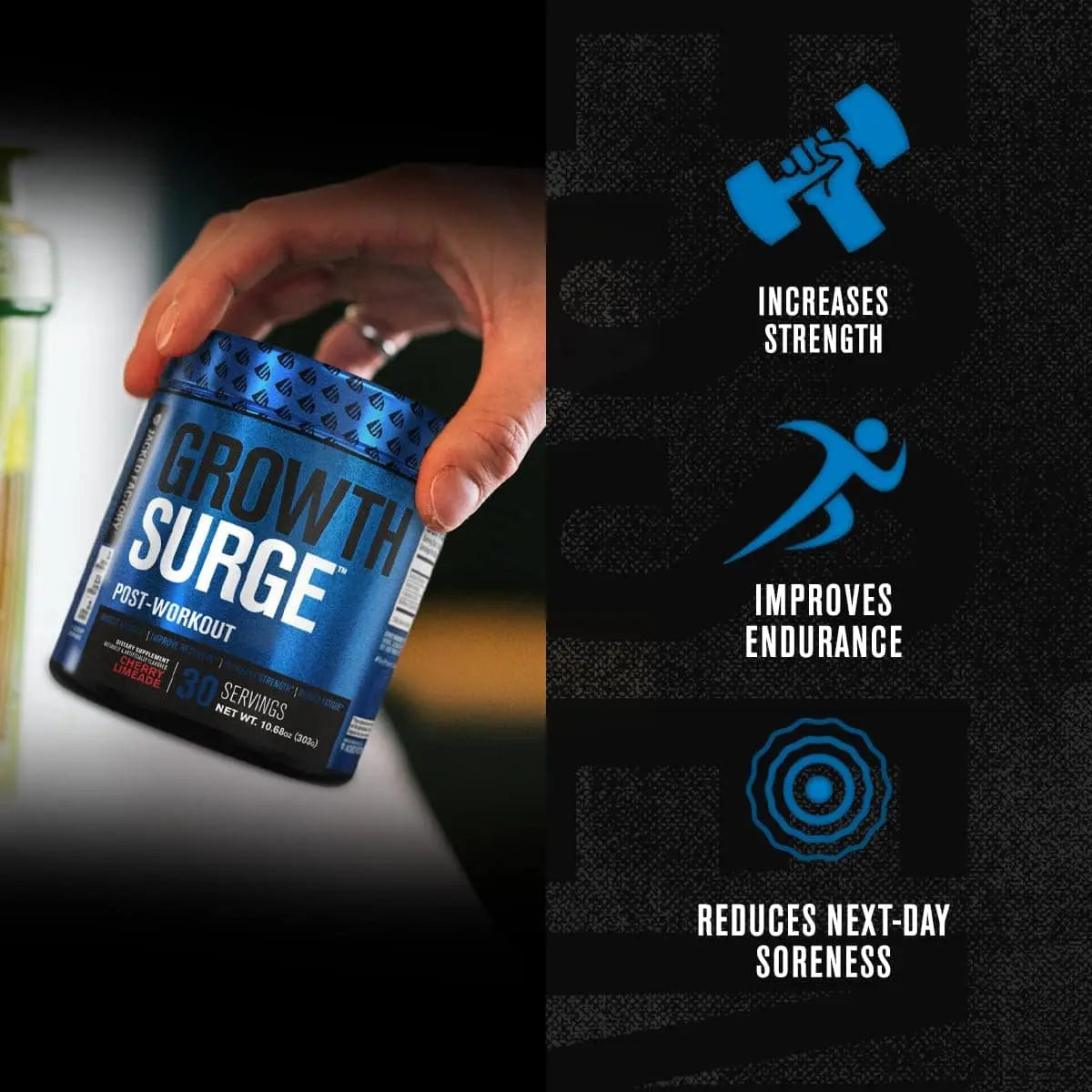 Hand holding a 'Growth Surge' supplement container with product benefits on a black background