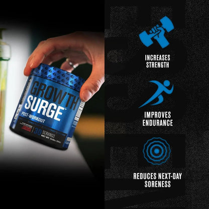 Hand holding a 'Growth Surge' supplement container with product benefits on a black background