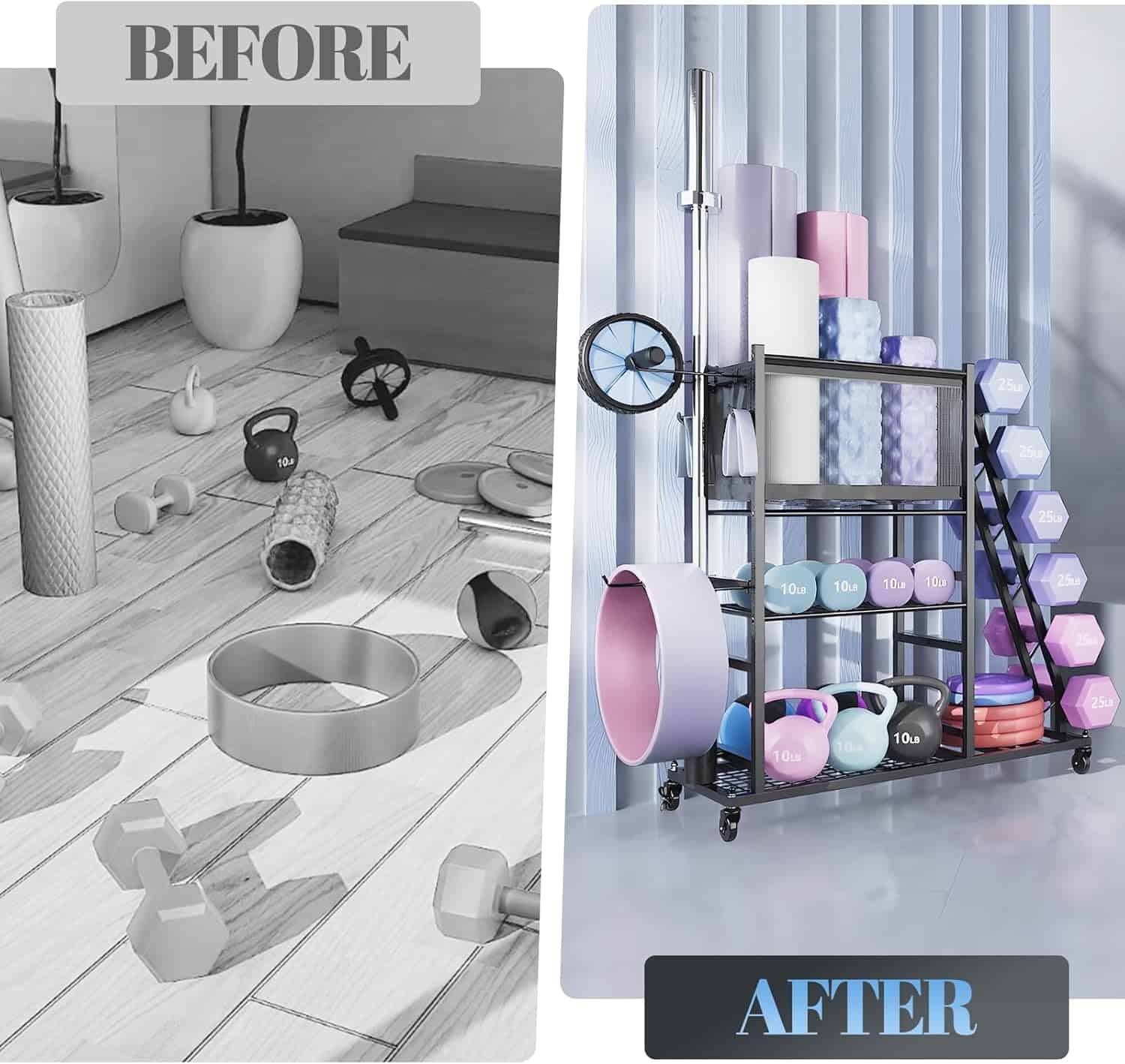 Before and after comparison of a home gym setup with storage solutions.