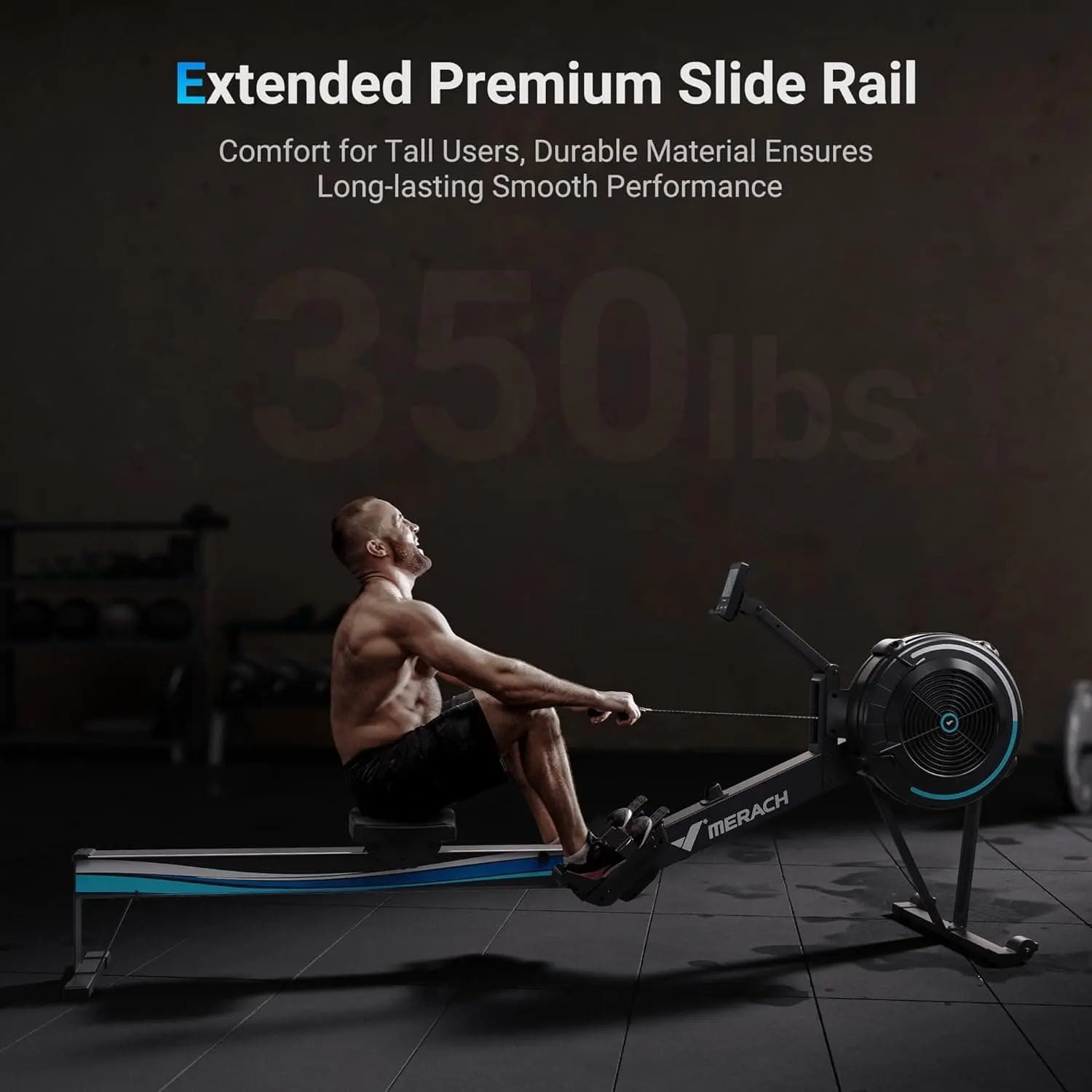 Man using a rowing machine with text about an extended premium slide rail system.