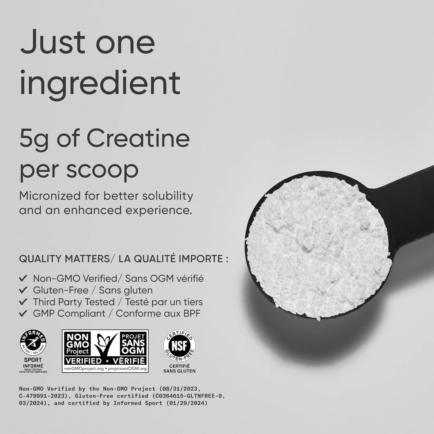 Spoonful of creatine powder with text on a gray background
