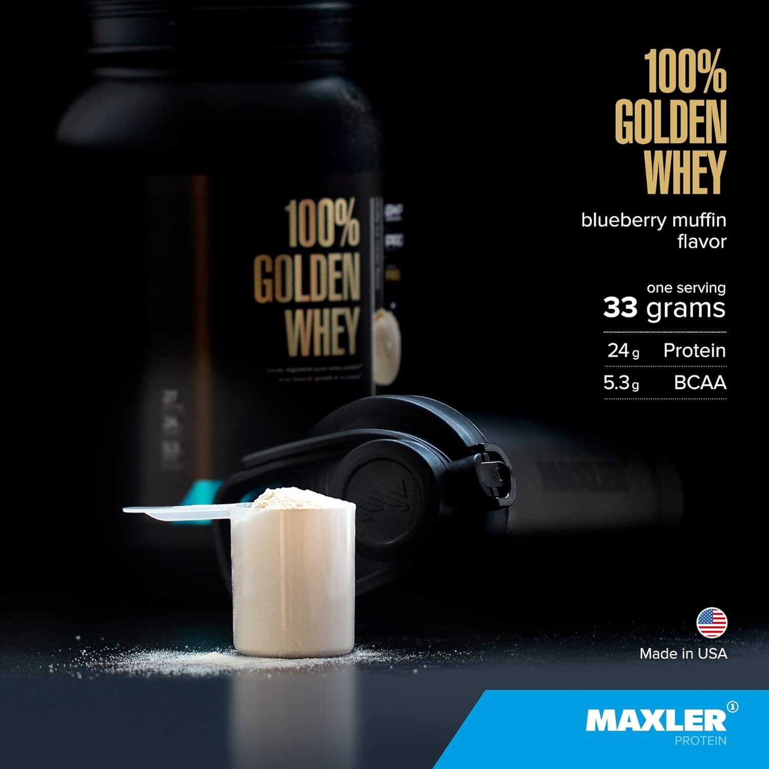 Maxler Golden Whey protein powder with scoop and blue background