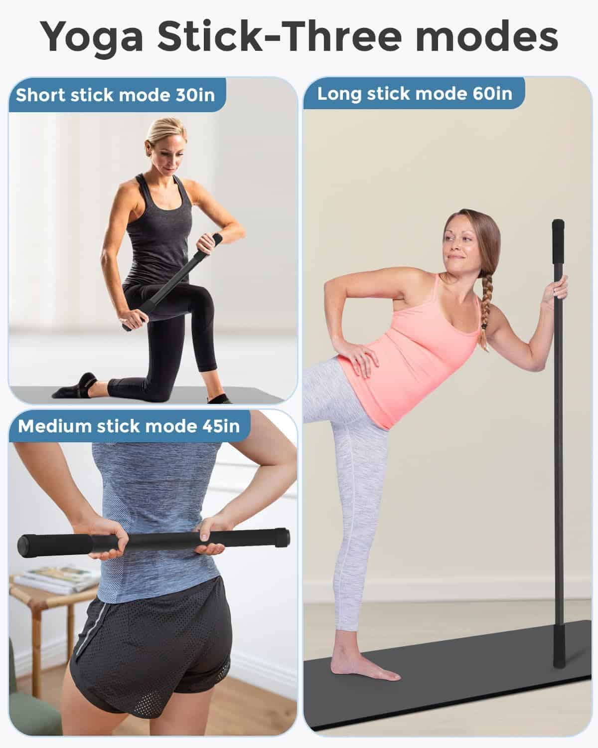 Yoga stick with three modes displayed on a split-screen with people using it.