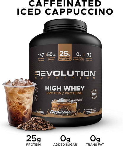 Revolution Nutrition High Whey Protein container with iced cappuccino flavor on a white background