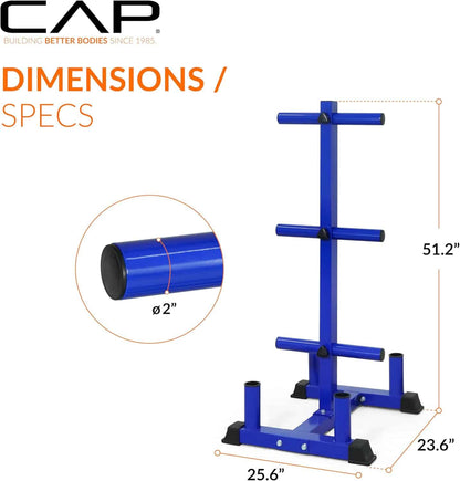 Blue weightlifting stand with dimensions on a white background, featuring CAP logo.