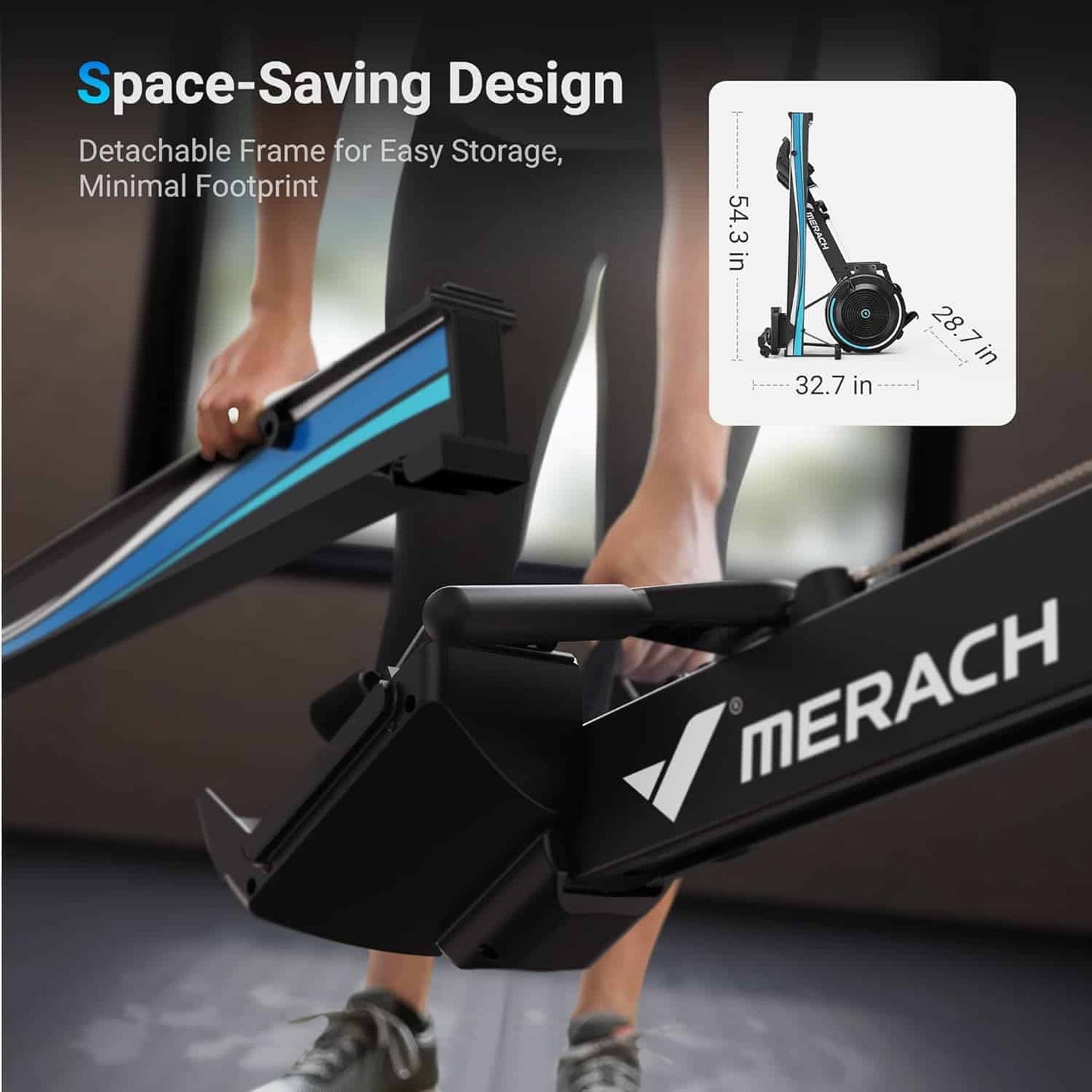 MERACH rowing machine with space-saving design features and dimensions displayed.
