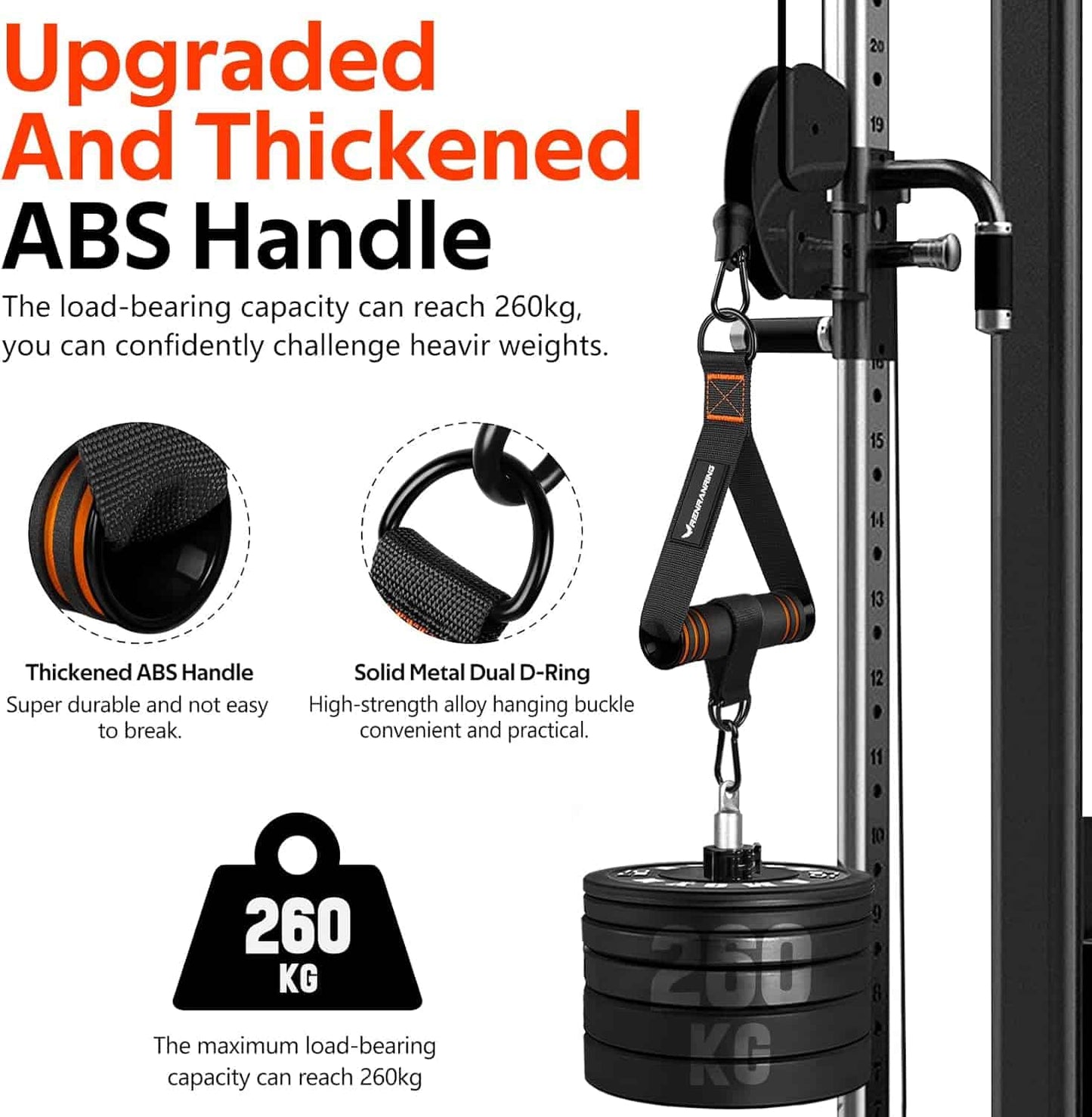 Fitness equipment with upgraded thick ABS handle and metal D-ring, featuring text about load-bearing capacity.