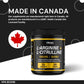 Supplement container labeled 'L-Arginine + L-Citrulline' with a Canadian flag on a black and white background.
