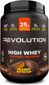 Protein powder container with 'Revolution Nutrition' branding on a black background