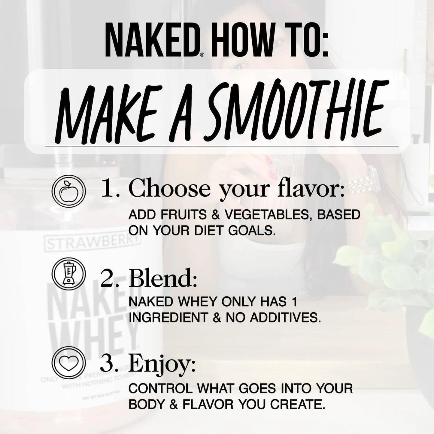Instructions on how to make a smoothie with Naked Whey, featuring text and blurred background.