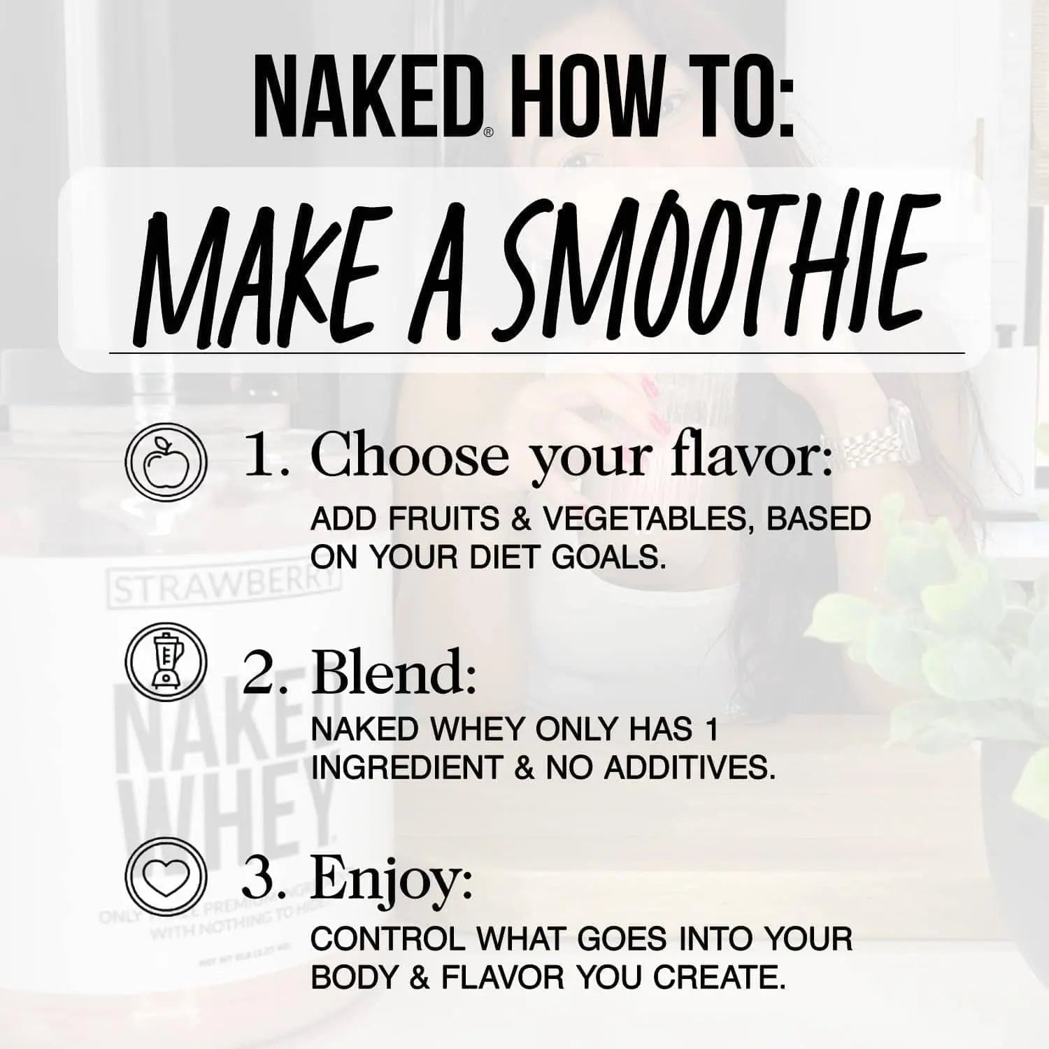 Instructions on how to make a smoothie with Naked Whey, featuring text and blurred background.