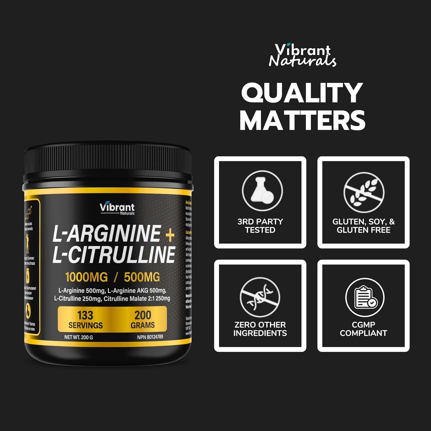 Vibrant Naturals L-Arginine + L-Citrulline supplement container with quality certification icons on a black background