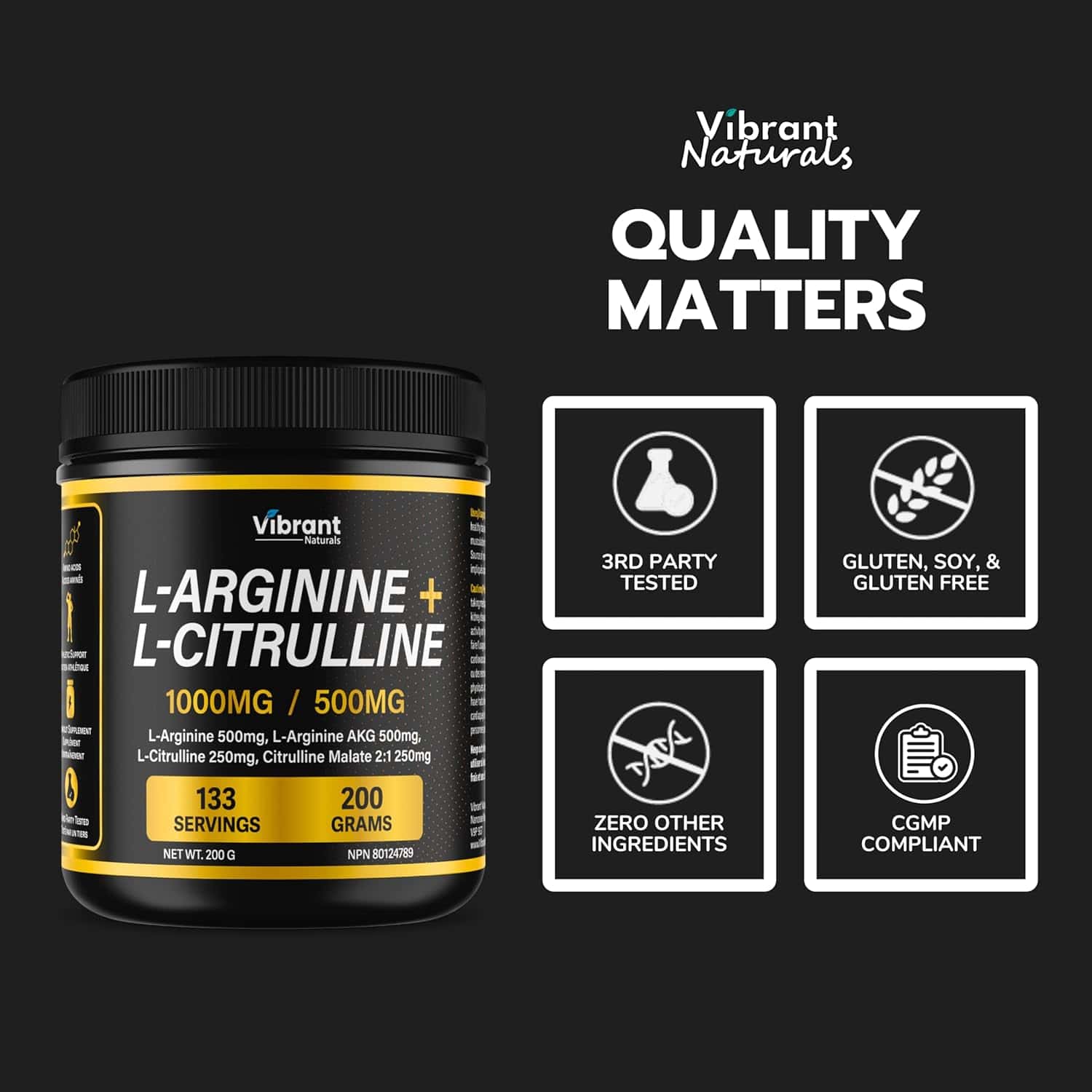 Vibrant Naturals L-Arginine + L-Citrulline supplement container with quality certification icons on a black background