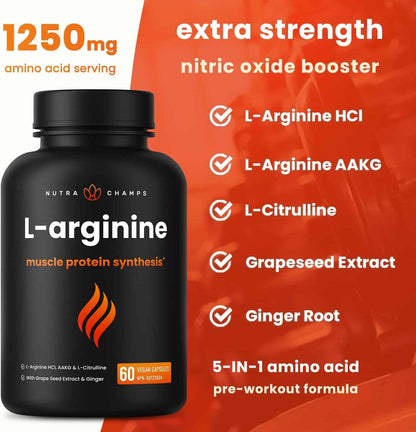Black supplement bottle labeled 'L-arginine' with product details on an orange and white background.