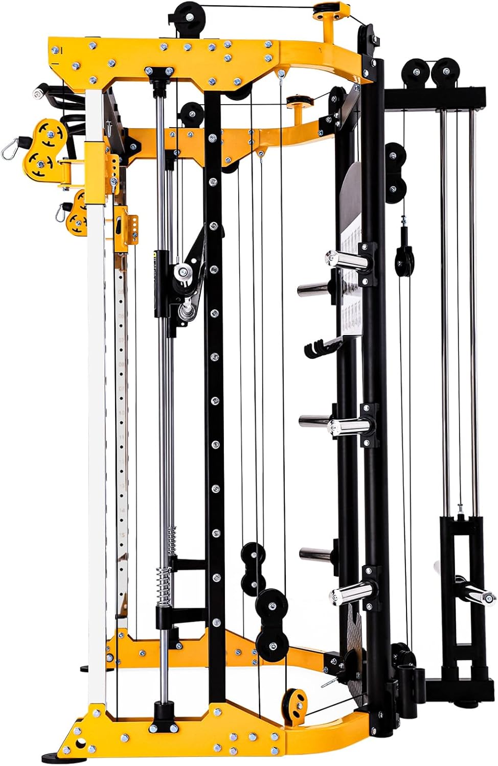 Gym machine with yellow and black components on a white background