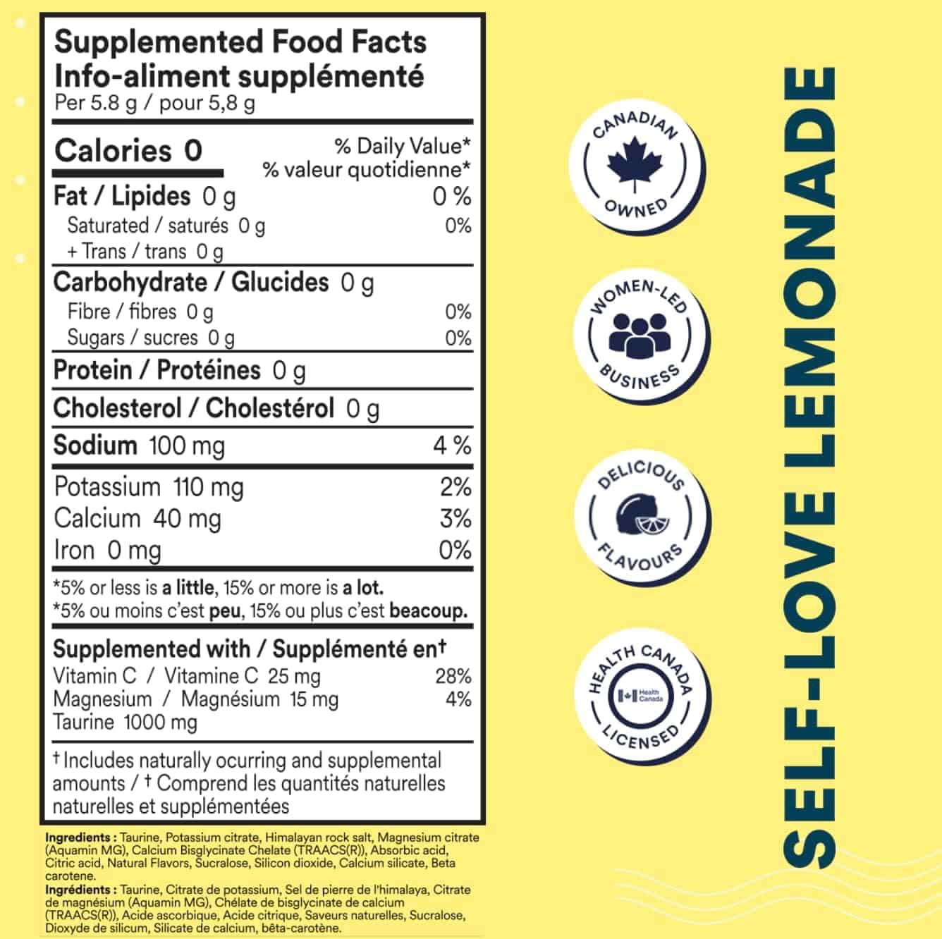 Nutritional label for 'Self-Love Lemonade' with health and business certification logos on a yellow background.