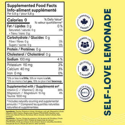 Nutritional label for 'Self-Love Lemonade' with health and business certification logos on a yellow background.