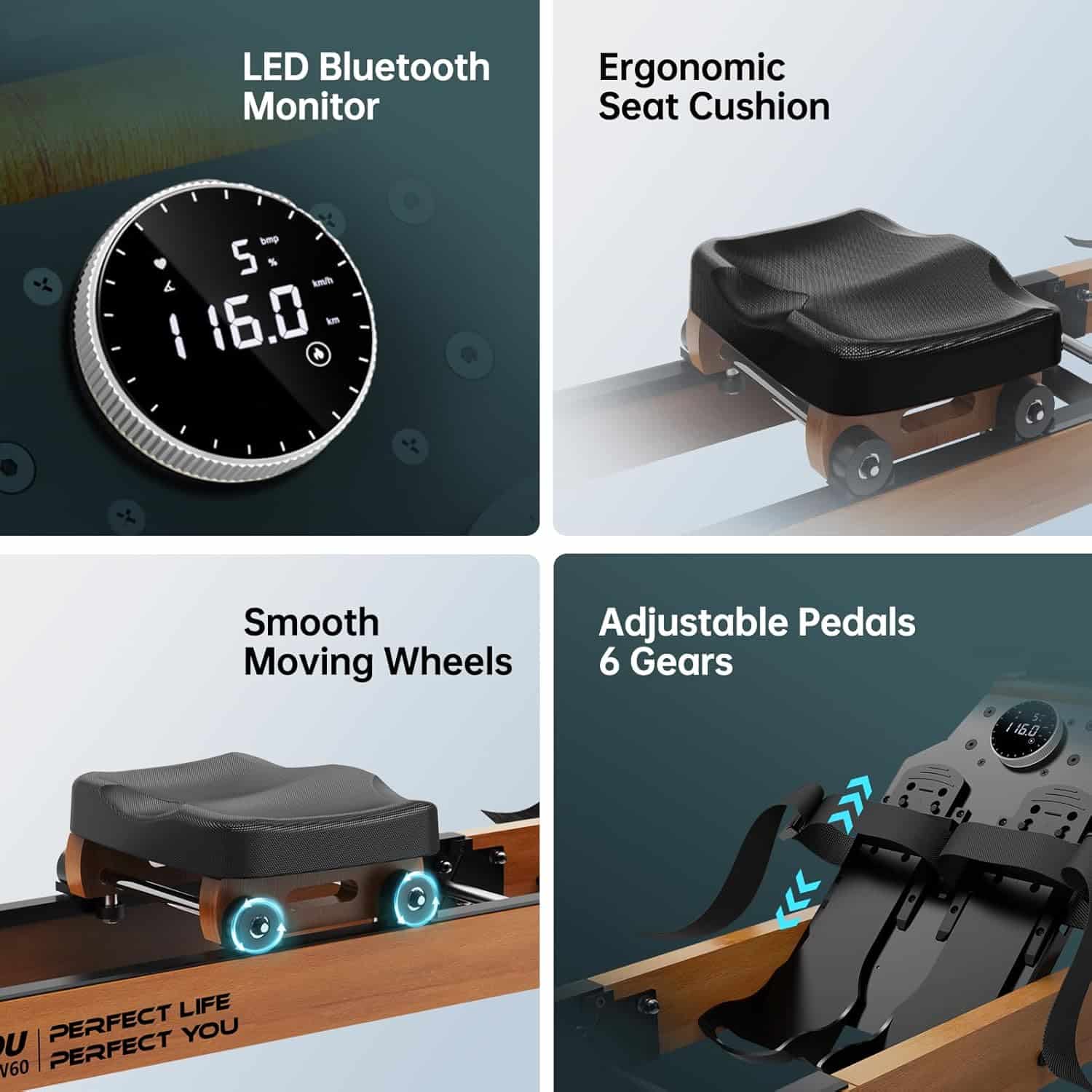 Product features including LED Bluetooth monitor, ergonomic seat cushion, smooth moving wheels, and adjustable pedals on a roller.