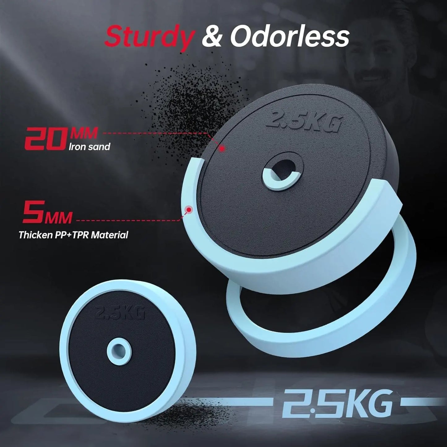 2.5KG weight disc with text highlighting features on a dark background