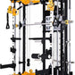 Black and yellow weightlifting rack on a white background