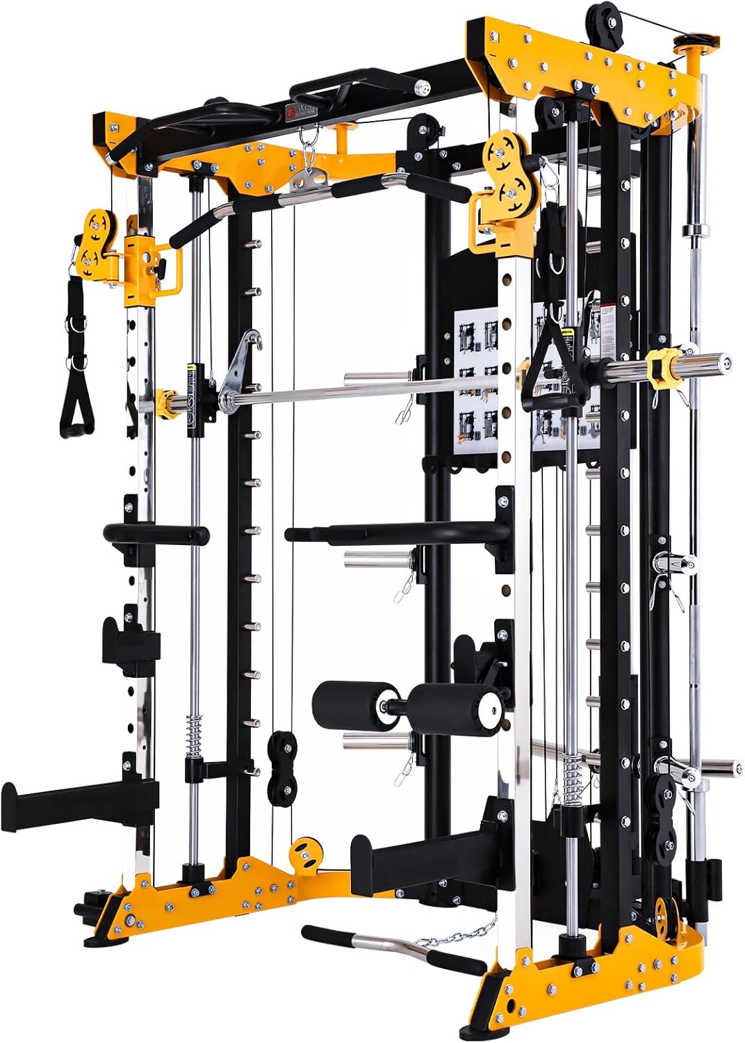 Black and yellow weightlifting rack on a white background