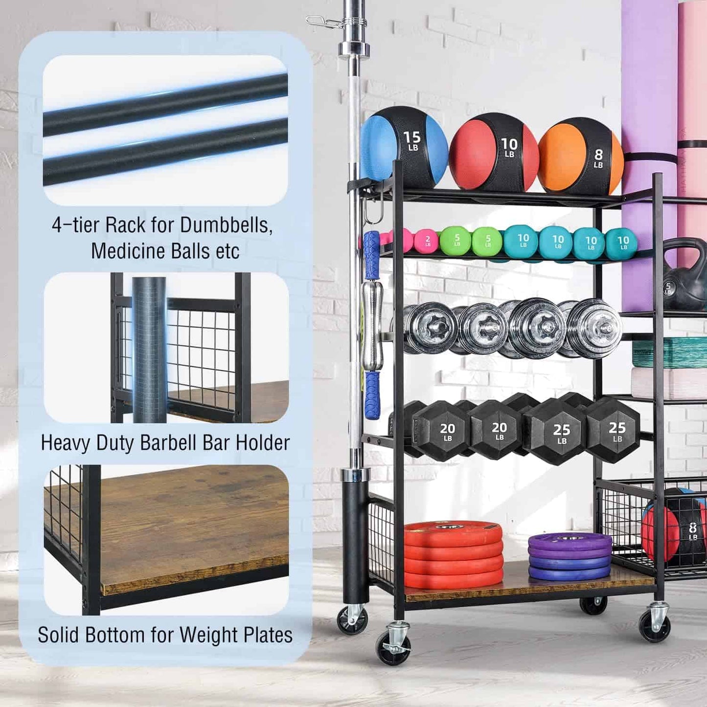 Fitness equipment rack with dumbbells, medicine balls, and barbell holder on a white brick wall background.