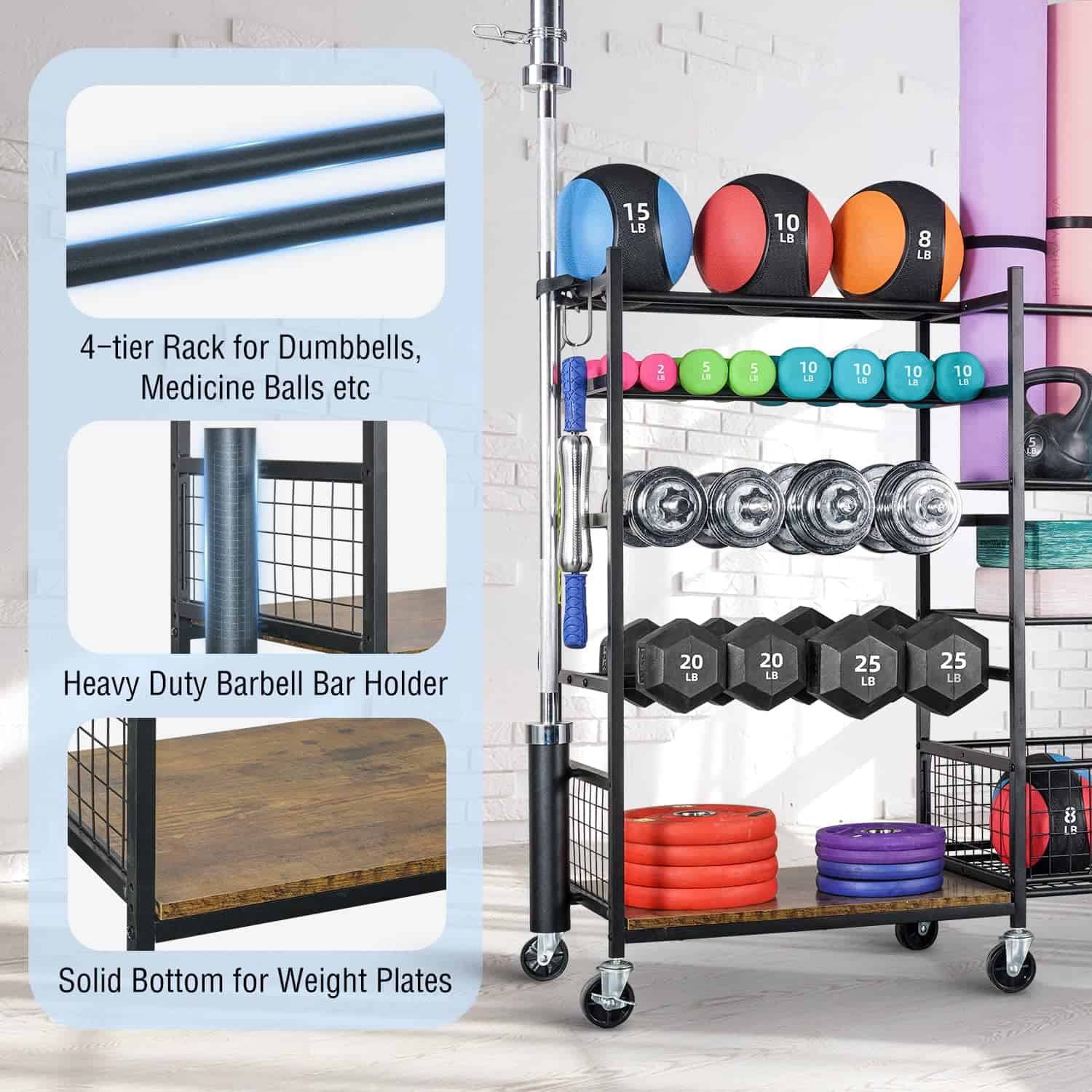 Fitness equipment rack with dumbbells, medicine balls, and barbell holder on a white brick wall background.