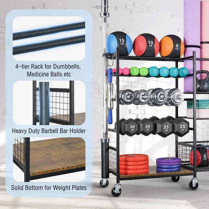 Fitness equipment rack with dumbbells, medicine balls, and barbell holder on a white brick wall background.