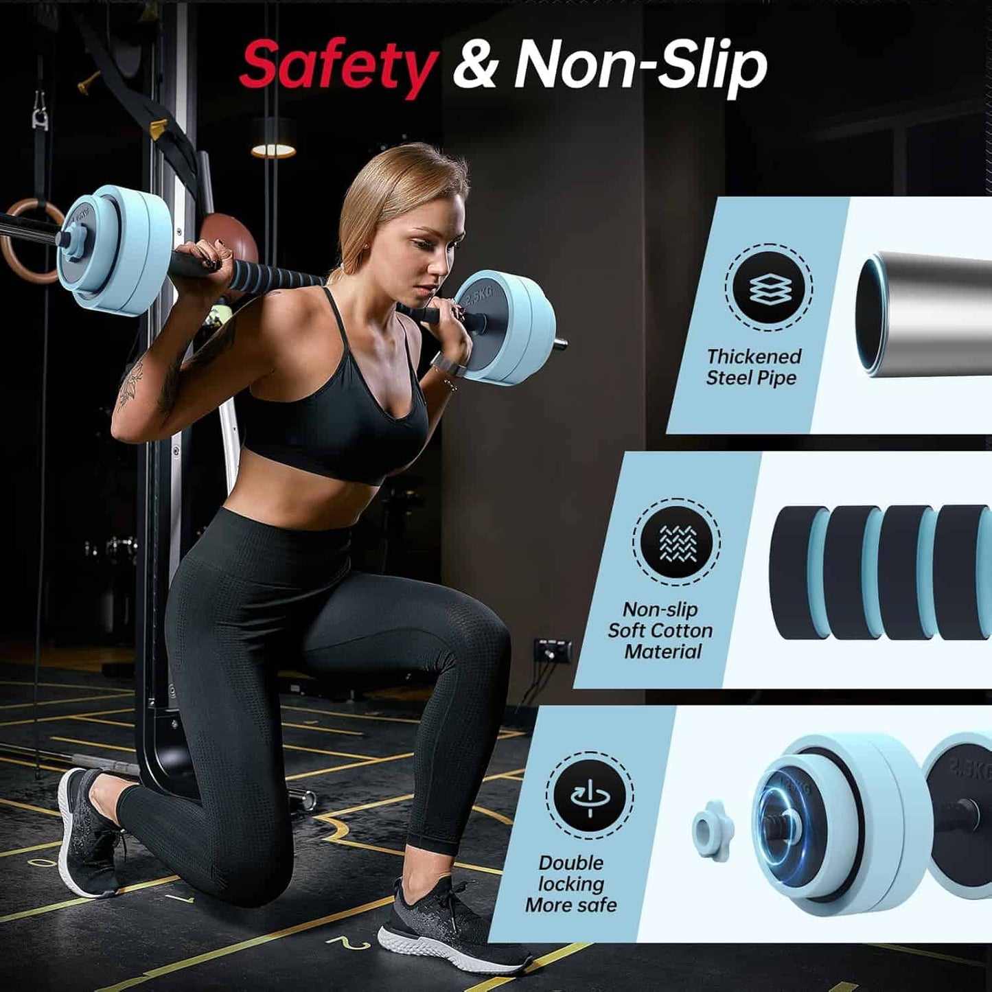 Woman lifting weights with a barbell, safety features highlighted on the right