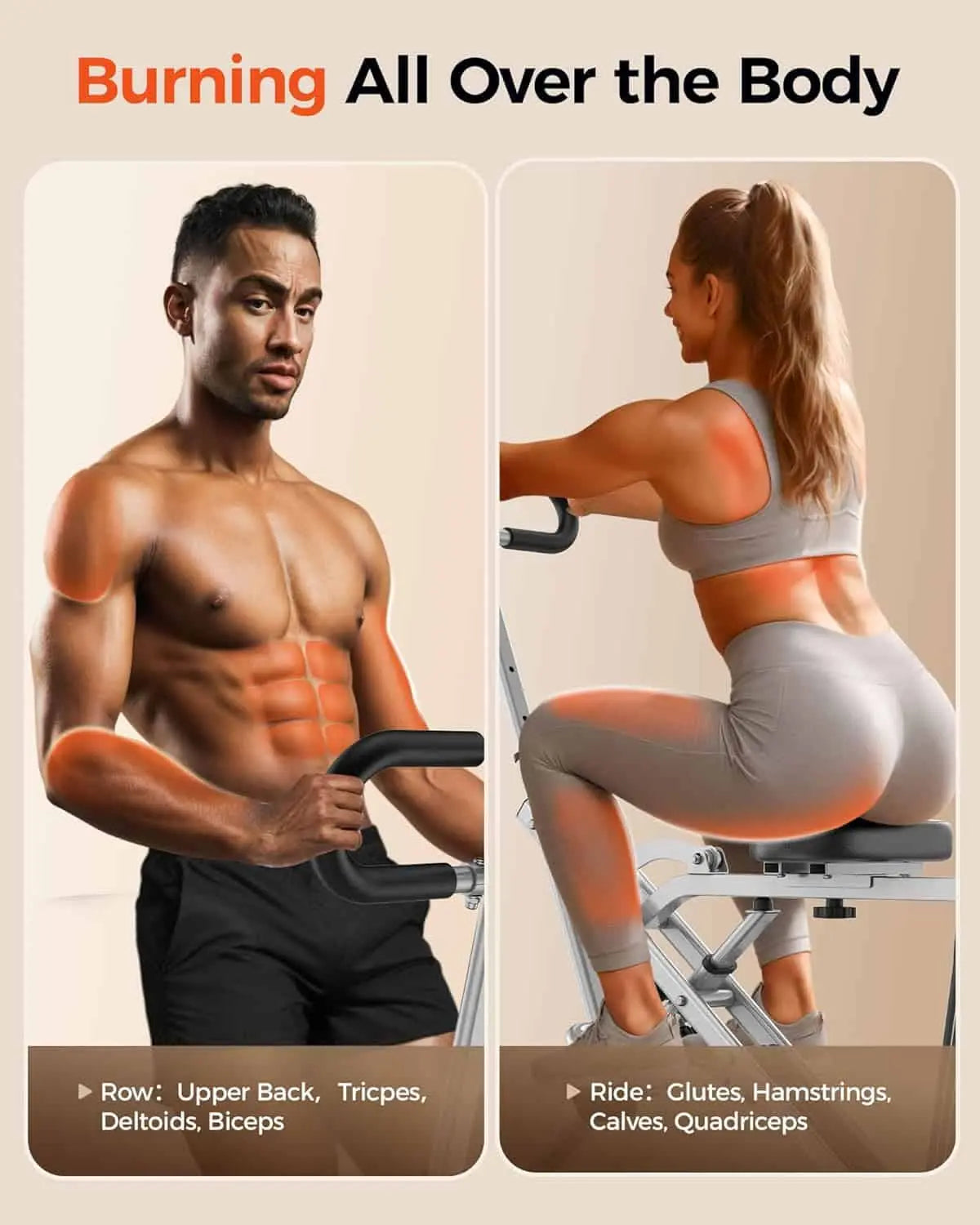 Two people exercising on a machine with highlighted muscle groups on a beige background.