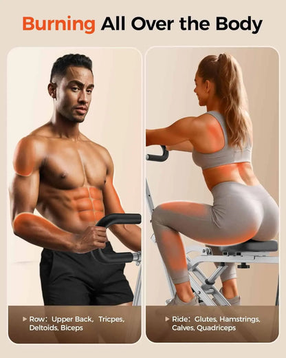 Two people exercising on a machine with highlighted muscle groups on a beige background.
