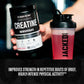 Jacked Factory creatine supplement container and shaker bottle with text about product benefits.