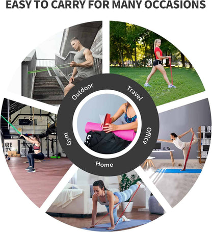 Collage of people using resistance bands in various settings with text 'Easy to carry for many occasions'.