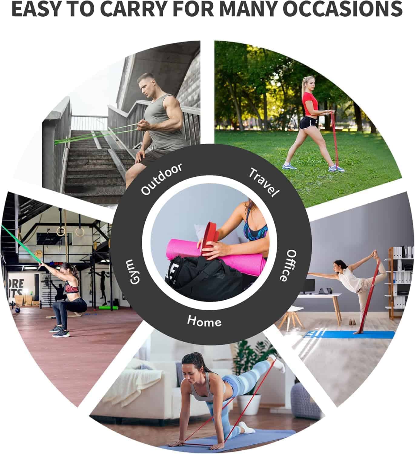Collage of people using resistance bands in various settings with text 'Easy to carry for many occasions'.
