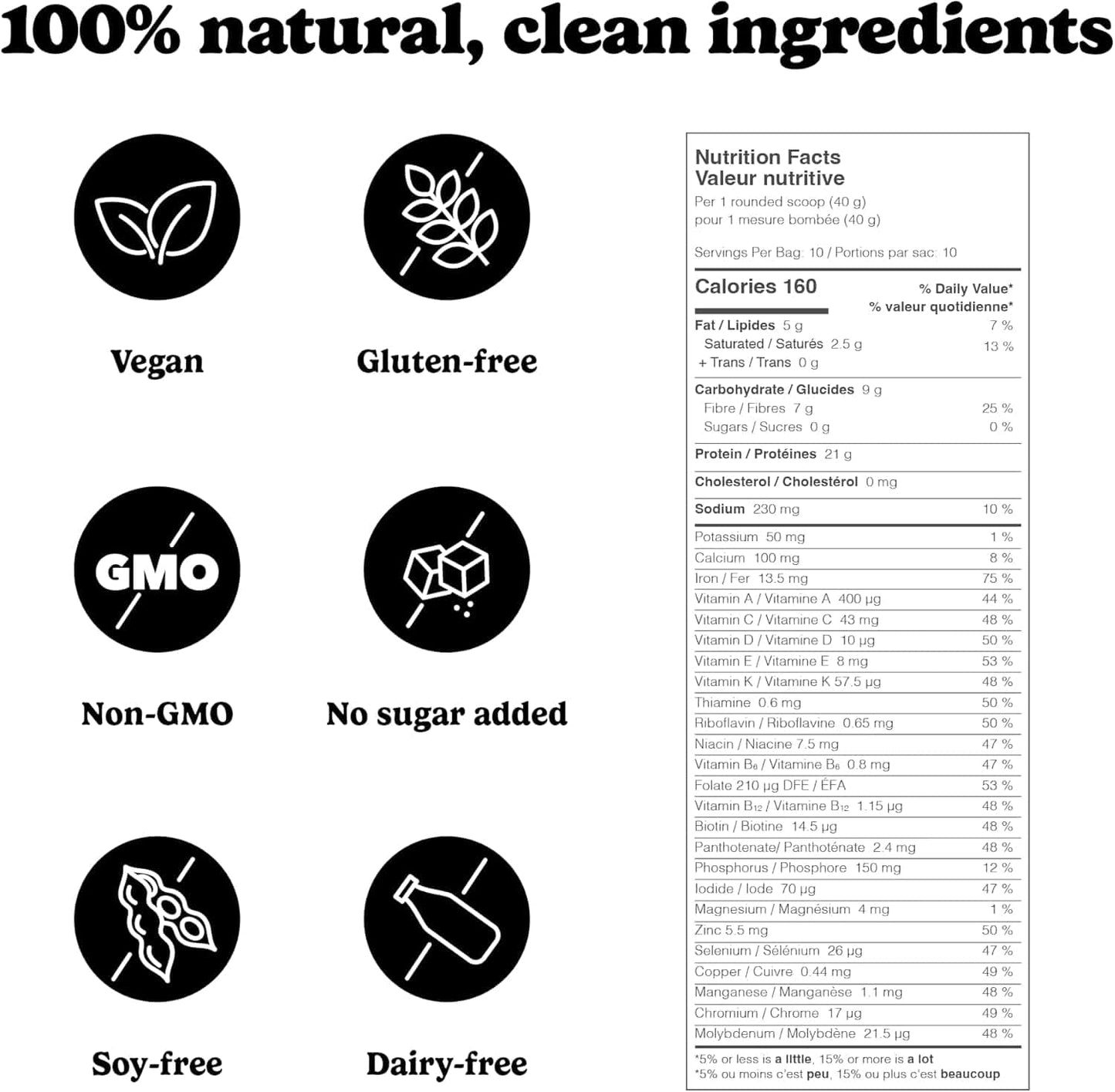 Nutritional label with icons indicating '100% natural, clean ingredients' including vegan, gluten-free, GMO, non-GMO, no sugar added, soy-free, and dairy-free.