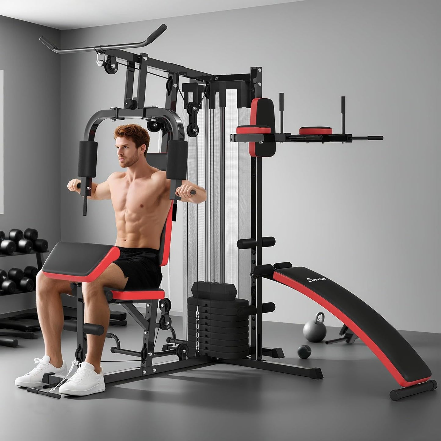 Man using a home gym machine in a well-lit room
