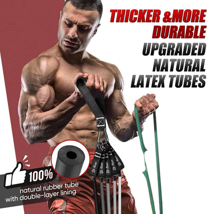 Man holding resistance bands with text about thicker, more durable latex tubes on a red and white background