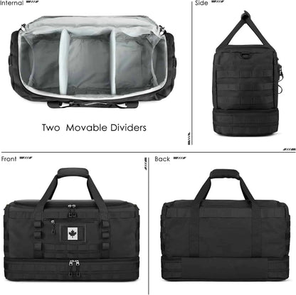 Black duffel bag with various views showing features like movable dividers and straps.