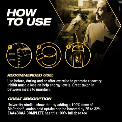 Instructions on how to use a supplement with a person holding a shaker bottle in the background.