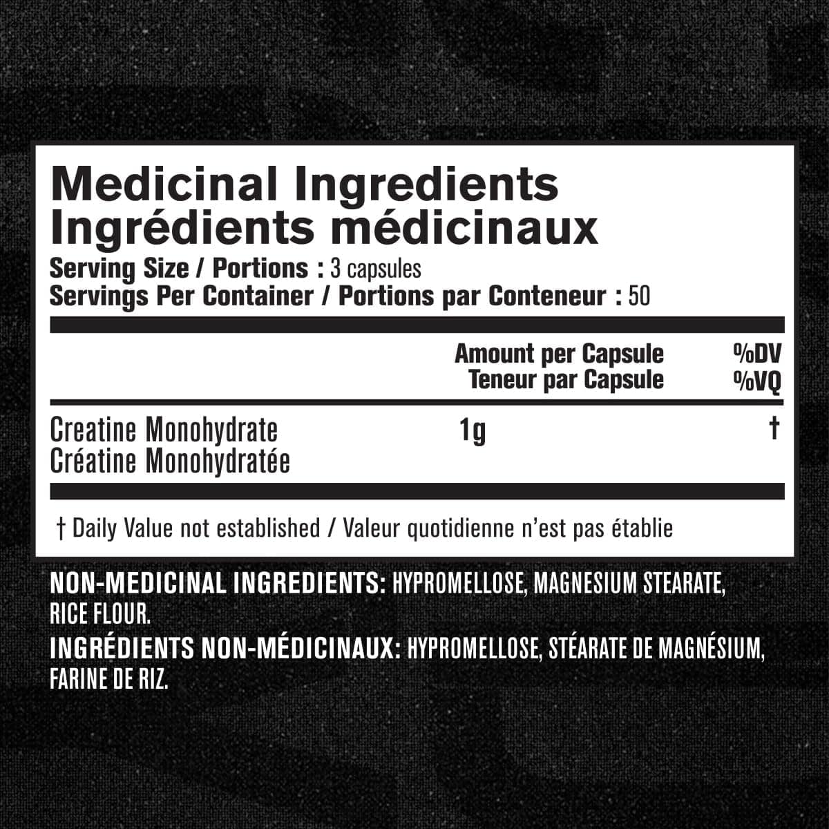 Nutritional label for a supplement with medicinal and non-medicinal ingredients on a black background.