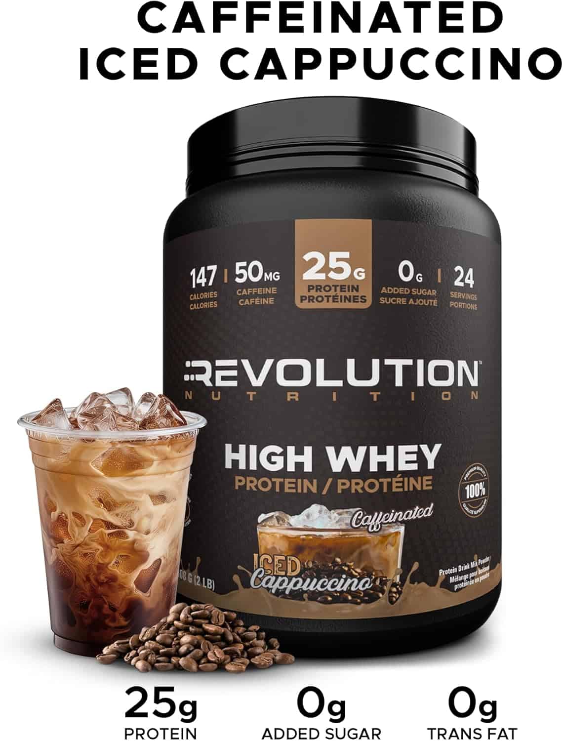 Revolution Nutrition High Whey Protein container with iced cappuccino and coffee beans on a white background