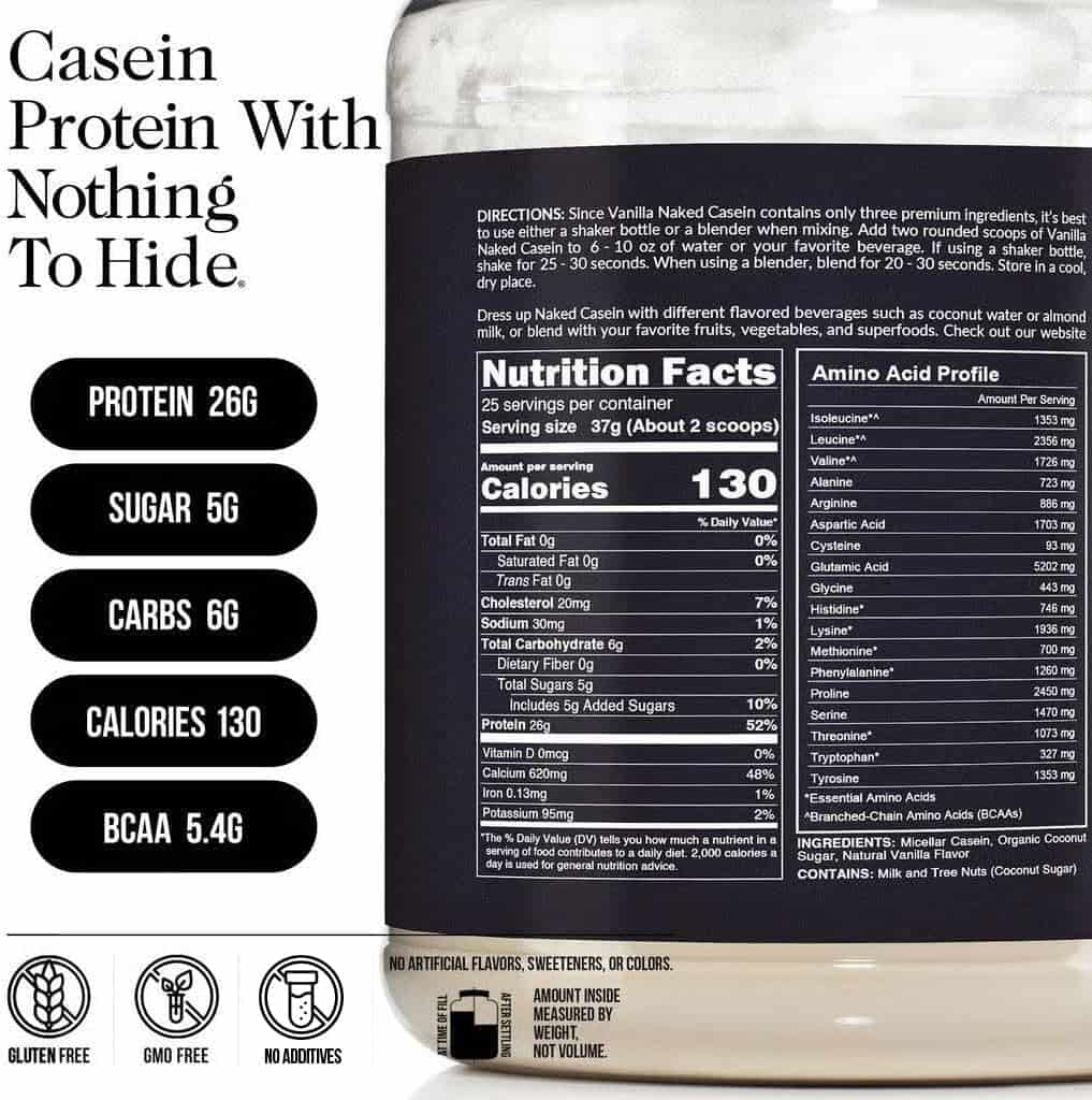 Nutritional label and protein content information on a supplement container.