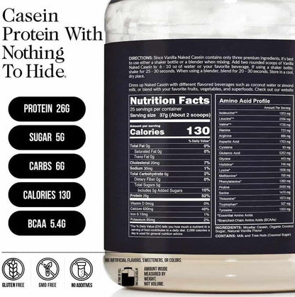 Nutritional label and protein content information on a supplement container.