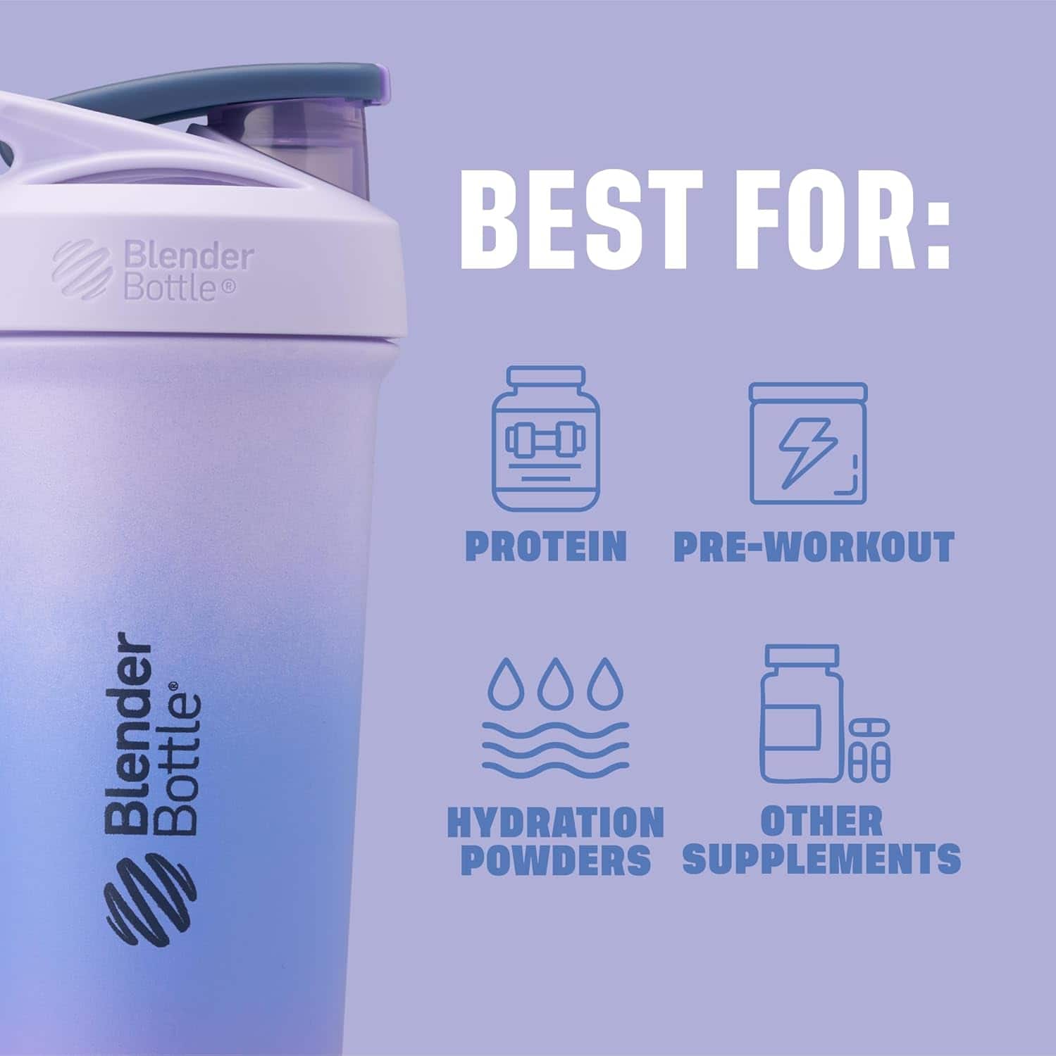Blender Bottle with text indicating uses on a light purple background