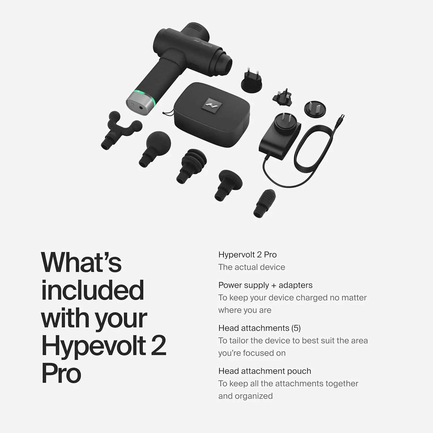 Hypervolt 2 Pro device with attachments on a white background