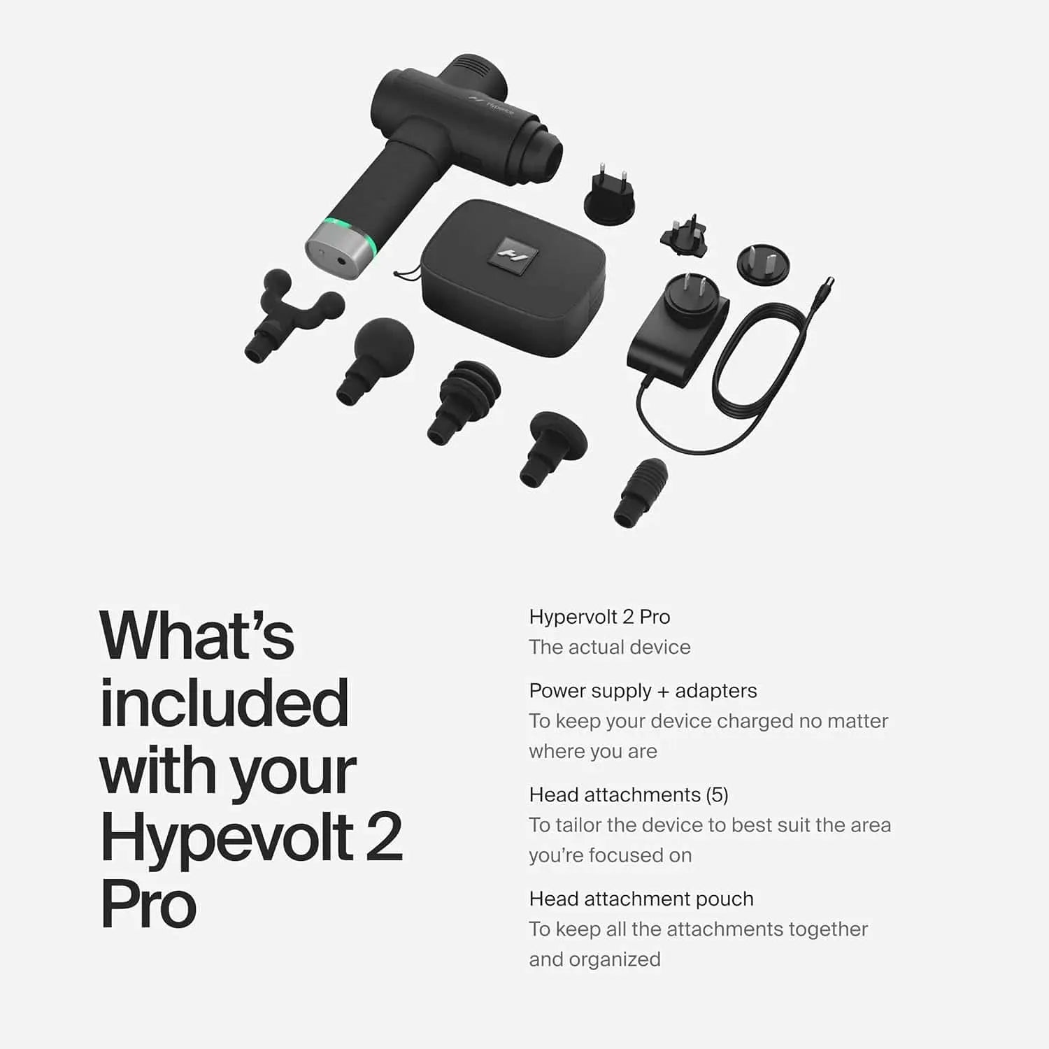 Hypervolt 2 Pro device with attachments on a white background