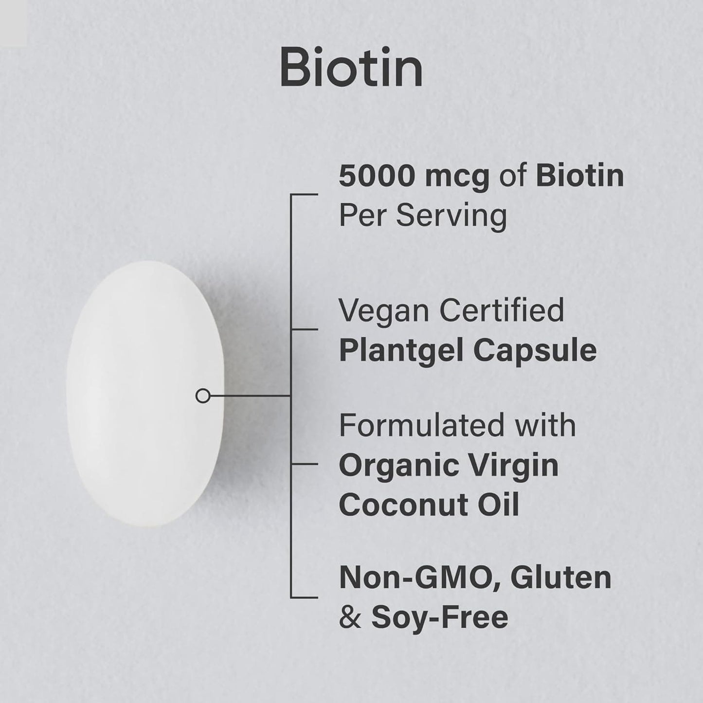 Sports Research Vegan Biotin 10000mcg Softgels – 120ct showcasing 5000 mcg Biotin capsule with vegan and organic ingredients.