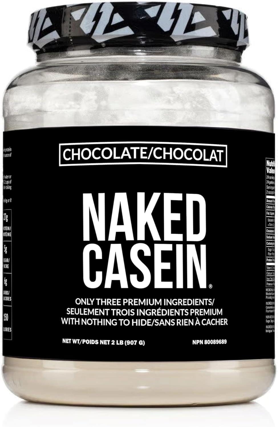 Naked Casein protein powder jar with black label on a white background
